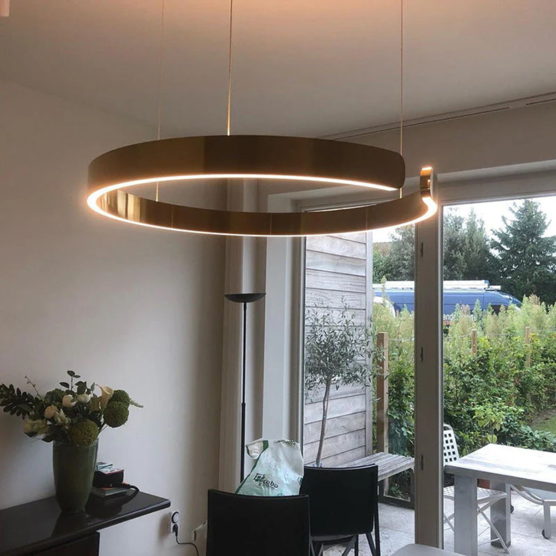 "Kreisförmige, dimmbare LED-Hängeleuchte in Schwarz, Weiß und Gold, aus hochwertigem Metall für Wohnzimmer und Esszimmer geei