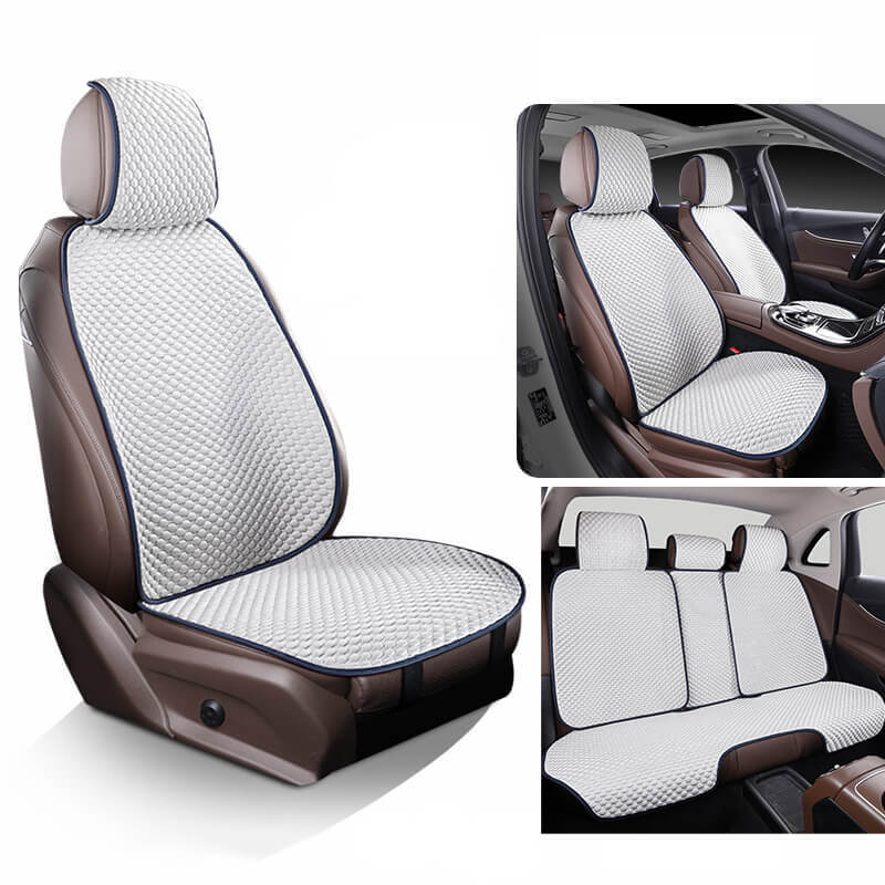 Kühlender Autositzschutz aus atmungsaktiver Eisseide, luxuriöses Design, ideal für Mensch und Tier, rutschfester Halt.