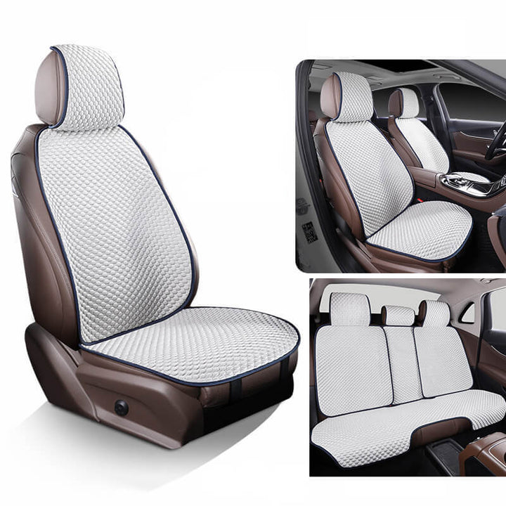 Kühlender Autositzschutz aus atmungsaktiver Eisseide, luxuriöses Design, ideal für Mensch und Tier, rutschfester Halt.