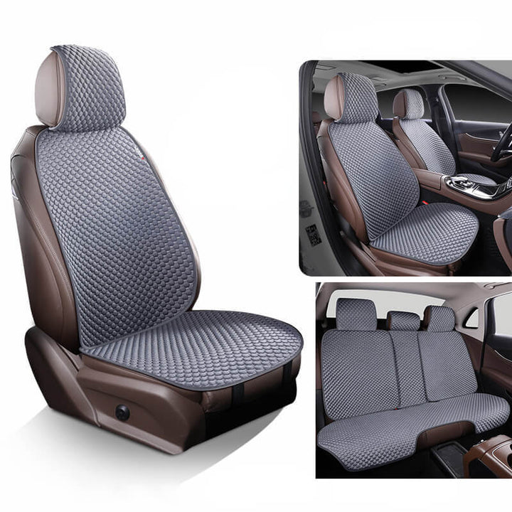Kühlender Autositzschutz aus atmungsaktiver Eisseide, luxuriöses Design, ideal für Mensch und Tier, rutschfester Halt.