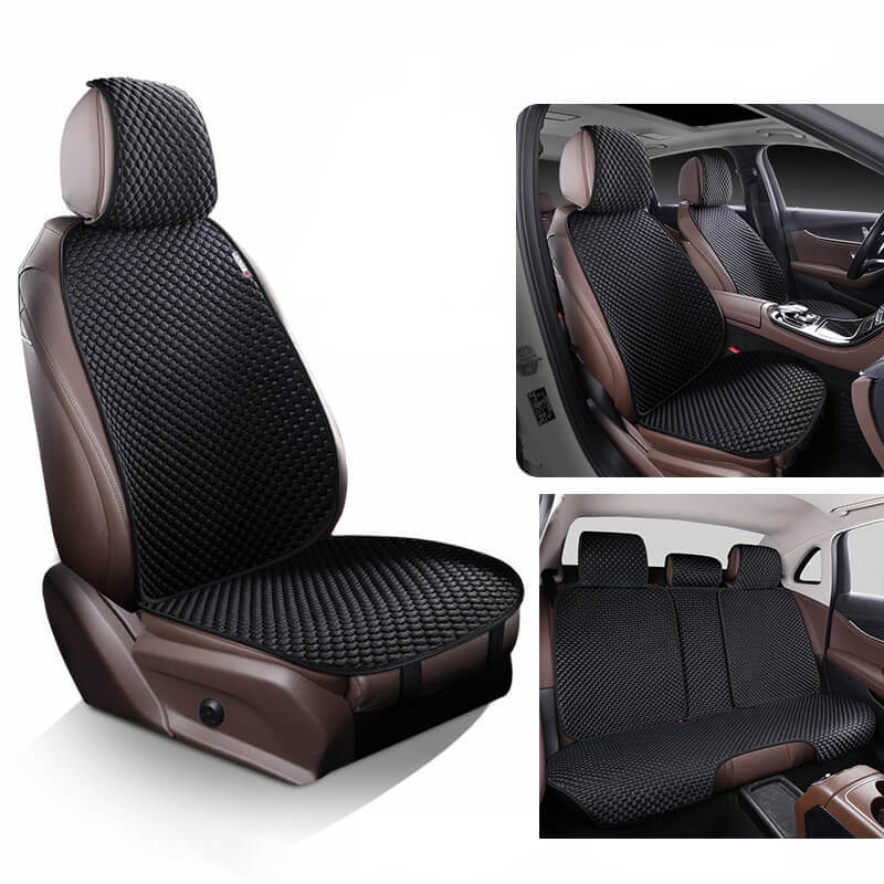 Kühlender Autositzschutz aus atmungsaktiver Eisseide, luxuriöses Design, ideal für Mensch und Tier, rutschfester Halt.