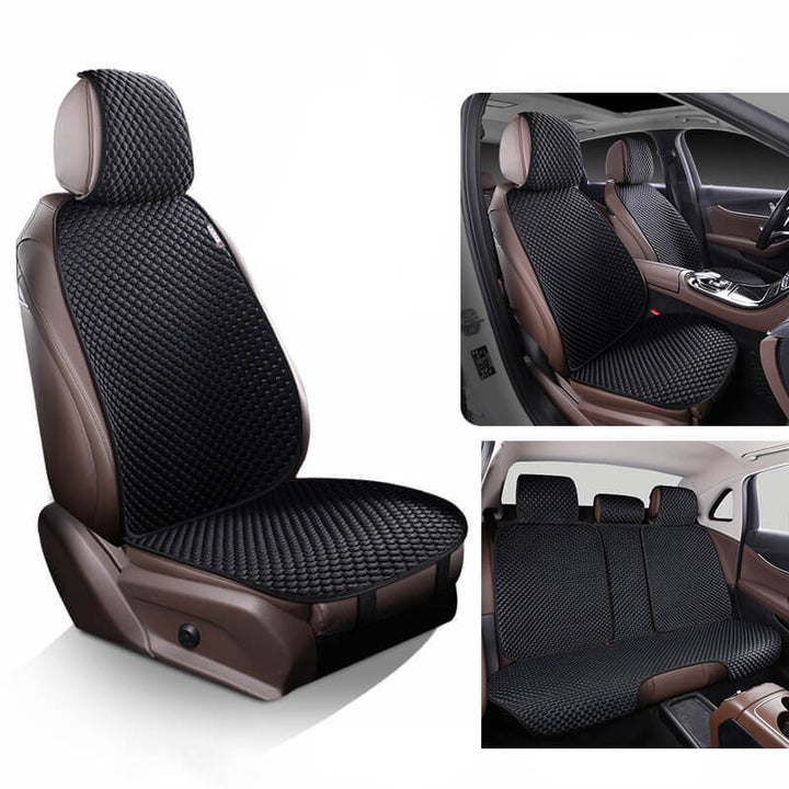 Kühlender Autositzschutz aus atmungsaktiver Eisseide, luxuriöses Design, ideal für Mensch und Tier, rutschfester Halt.