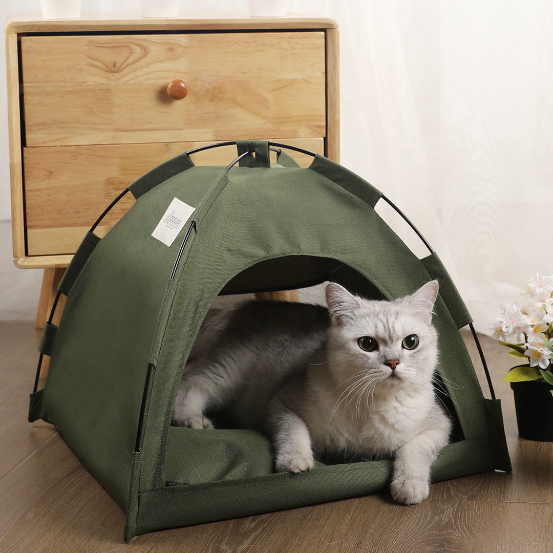 Kühlendes Katzenzelt, graue und grüne Farben, ideal für Sommertage, bietet Komfort und Erfrischung für Katzen.