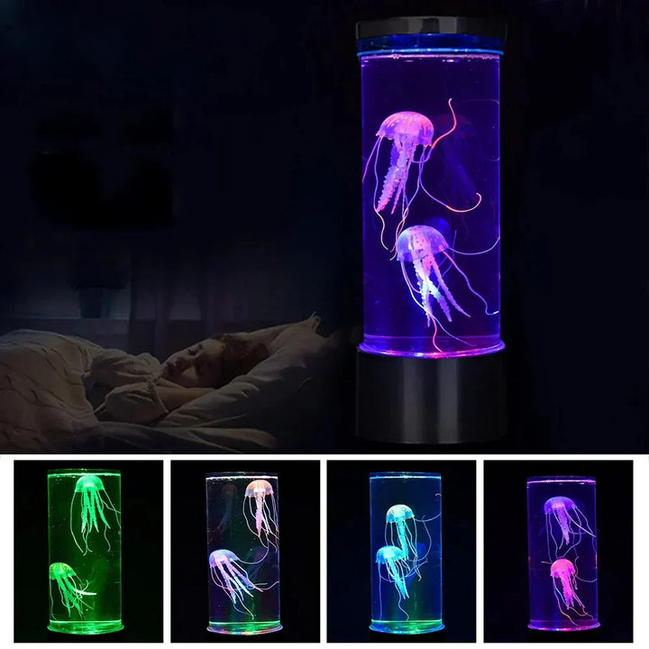 "LED Lava Lampe mit schwimmenden Quallen und farbwechselnden LEDs, dekorativ für Schlafzimmer, Wohnzimmer oder Büro."