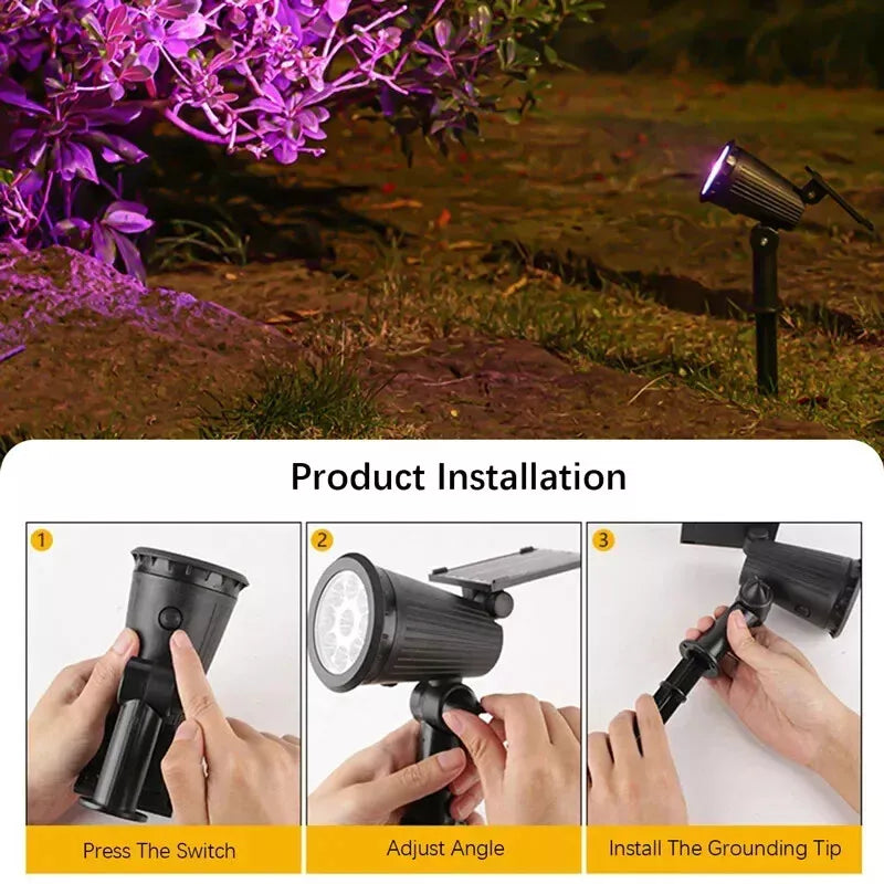 "LED Solar Gartenstrahler, wetterfest, fokussiertes Licht, perfekte Außenbeleuchtung. Ideal für Wege und Dekorationen."