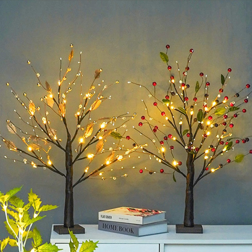 "LED Stimmungsbaum mit flexiblen Ästen, warmes Licht, rote Beeren oder goldene Perlen, dekorative Lampe für Zuhause"