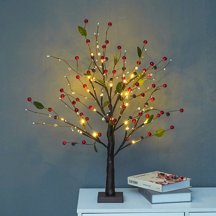"LED Stimmungsbaum mit flexiblen Ästen, warmes Licht, rote Beeren oder goldene Perlen, dekorative Lampe für Zuhause"