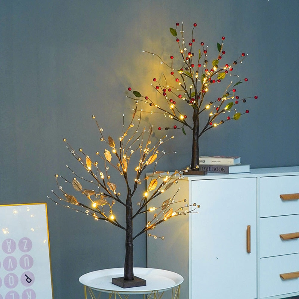 "LED Stimmungsbaum mit flexiblen Ästen, warmes Licht, rote Beeren oder goldene Perlen, dekorative Lampe für Zuhause"