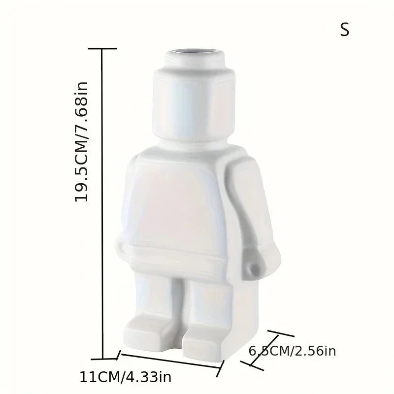 "Lego-Keramikvase im modernen Design, weiße Vase mit spielerischem Roboter-Look für stilvolle Wohn- und Bürodekoration."