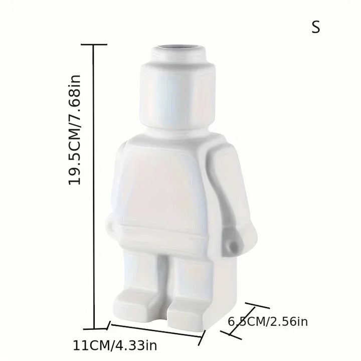 "Lego-Keramikvase im modernen Design, weiße Vase mit spielerischem Roboter-Look für stilvolle Wohn- und Bürodekoration."