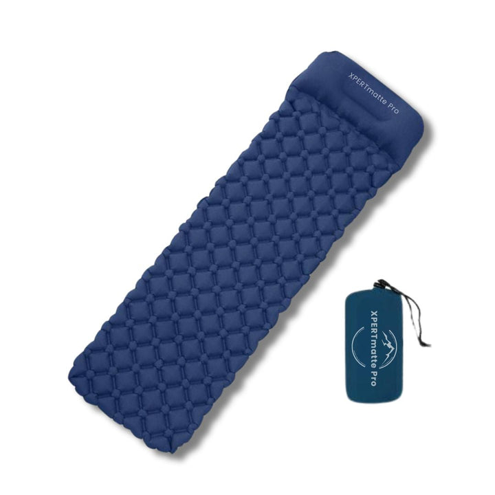 "Leichte aufblasbare Isomatte aus grünem nylon TPU, kompakt gefaltet, ideal fürs Camping und Wandern, XPERTmatte Pro."