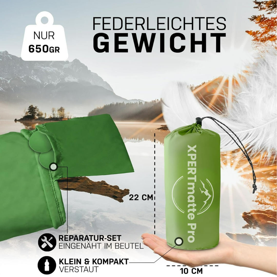 "Leichte aufblasbare Isomatte aus grünem nylon TPU, kompakt gefaltet, ideal fürs Camping und Wandern, XPERTmatte Pro."