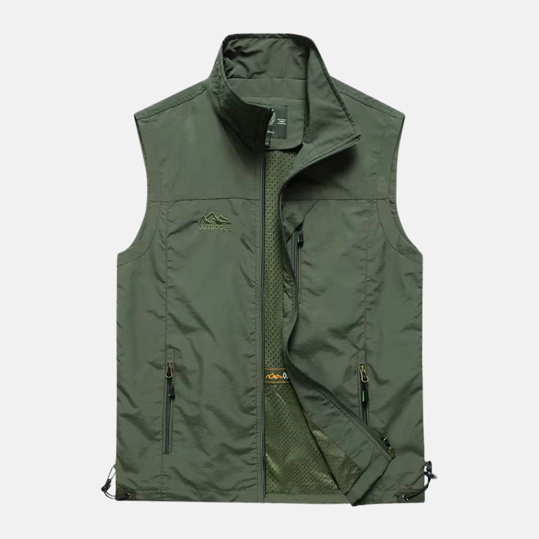 "Leichte Herren-Multifunktionsweste mit mehreren Taschen, ideal für Camping & Wandern in Marineblau oder Khaki."