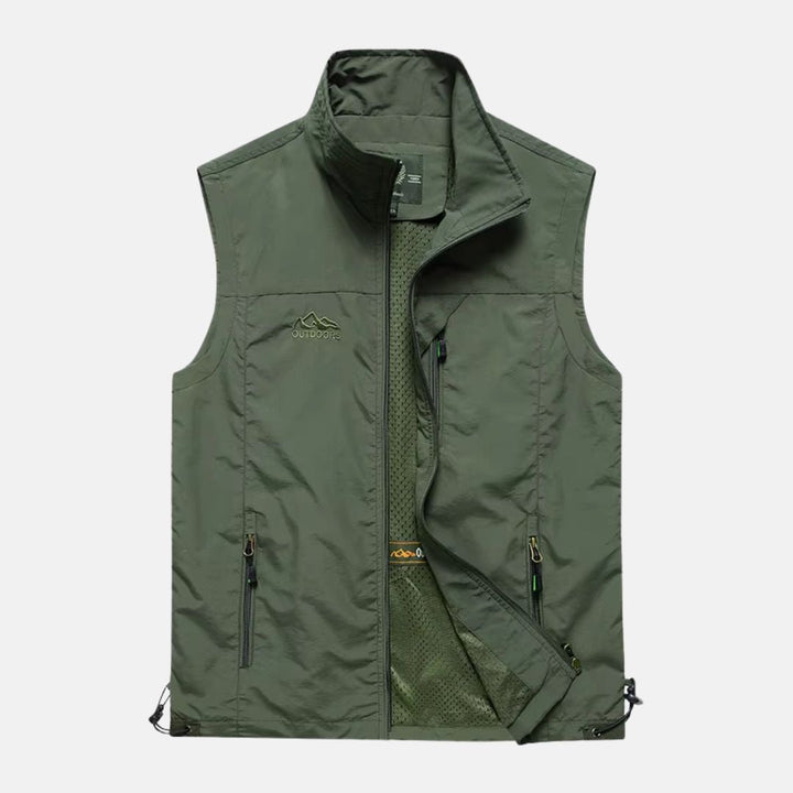 "Leichte Herren-Multifunktionsweste mit mehreren Taschen, ideal für Camping & Wandern in Marineblau oder Khaki."