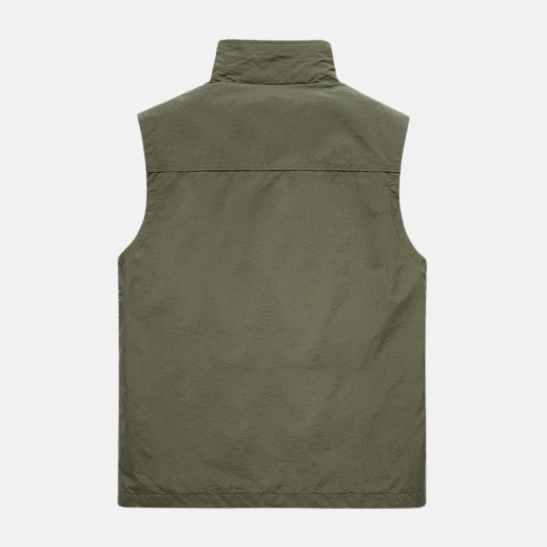 "Leichte Herren-Multifunktionsweste mit mehreren Taschen, ideal für Camping & Wandern in Marineblau oder Khaki."