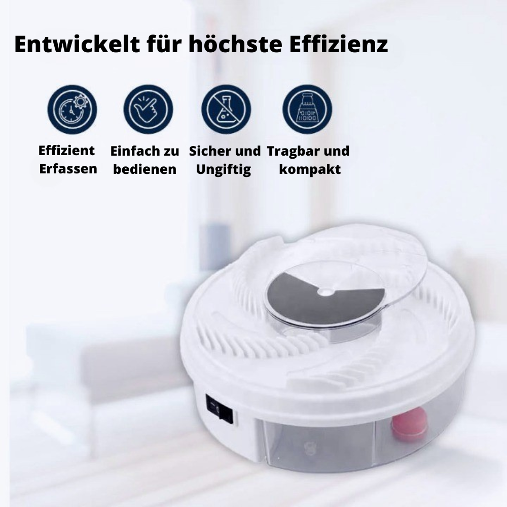 "Leise Fliegenfalle, diskret und effektiv, in rechteckiger Form, ideal für Innen- und Außenbereiche, chemiefrei."