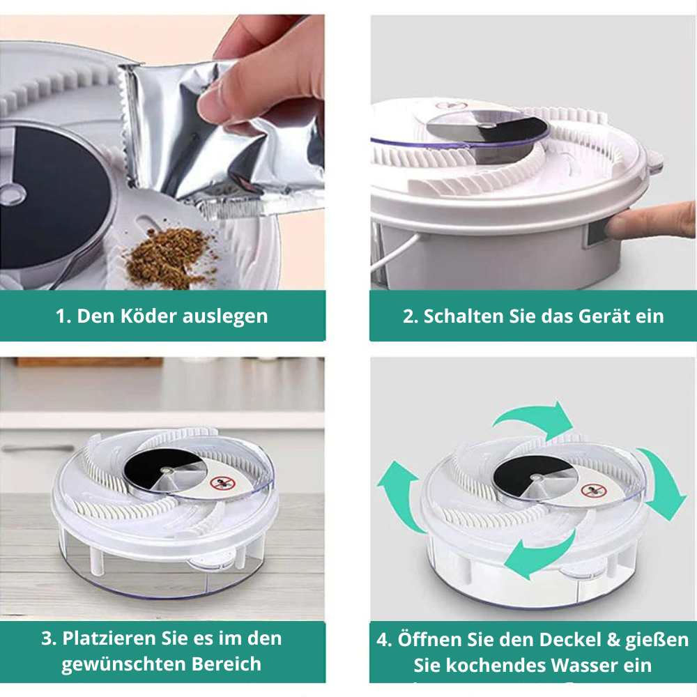 "Leise Fliegenfalle, diskret und effektiv, in rechteckiger Form, ideal für Innen- und Außenbereiche, chemiefrei."