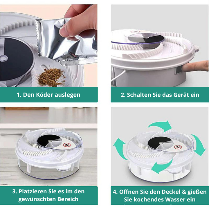 "Leise Fliegenfalle, diskret und effektiv, in rechteckiger Form, ideal für Innen- und Außenbereiche, chemiefrei."