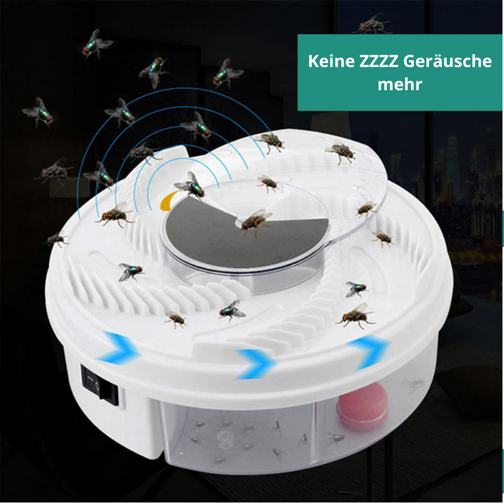 "Leise Fliegenfalle, diskret und effektiv, in rechteckiger Form, ideal für Innen- und Außenbereiche, chemiefrei."