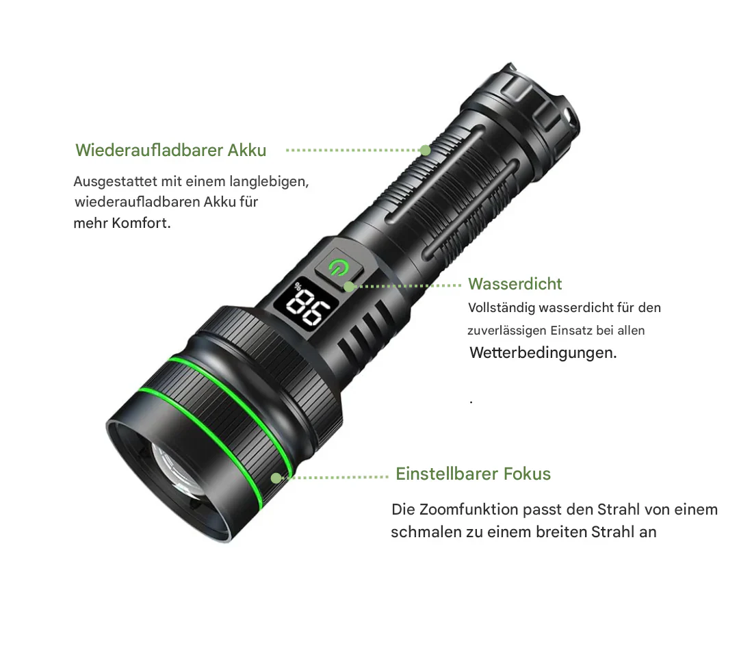 "Leistungsstarke LED-Taschenlampe mit langer Akkulaufzeit, robustem Gehäuse und vielseitigen Lichtmodi im Einsatz."