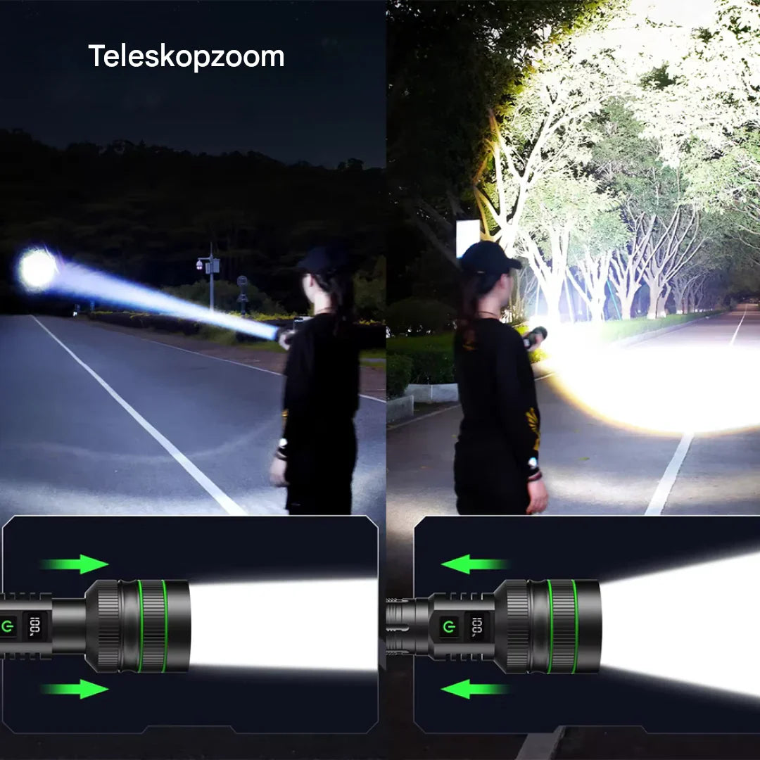 "Leistungsstarke LED-Taschenlampe mit langer Akkulaufzeit, robustem Gehäuse und vielseitigen Lichtmodi im Einsatz."