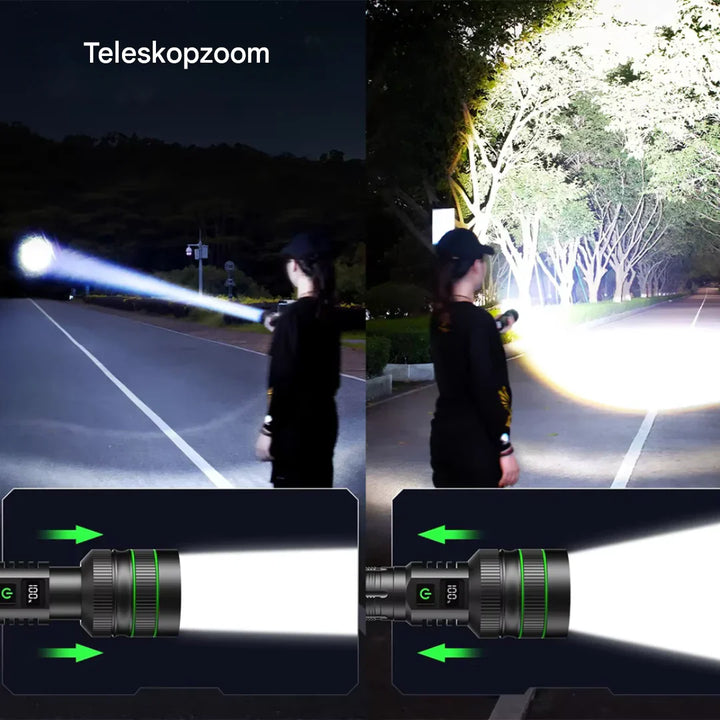 "Leistungsstarke LED-Taschenlampe mit langer Akkulaufzeit, robustem Gehäuse und vielseitigen Lichtmodi im Einsatz."