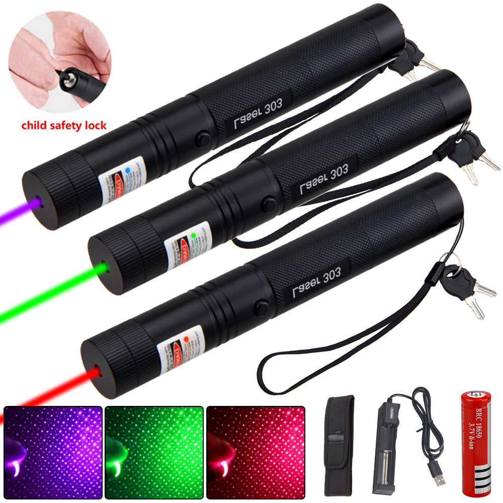 Leistungsstarker Laserpointer mit Aluminiumlegierung, einstellbarem Fokus; langreichweitiger Strahl in Rot, Grün, Lila.