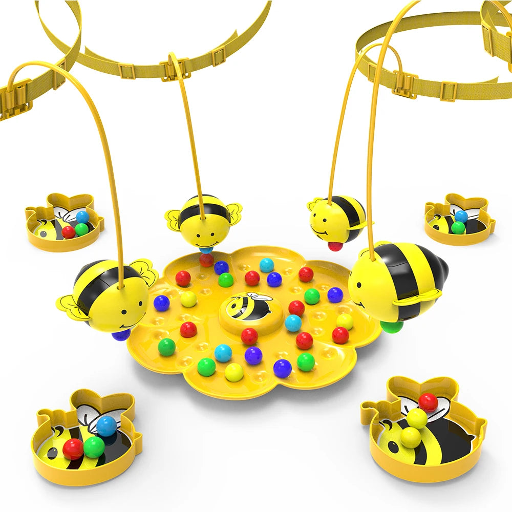 "Lustiges Bienenchaos Geschicklichkeitsspiel: Spieler mit Biene am Kopf, sammeln bunte Kugeln für Familienwettbewerb ein."