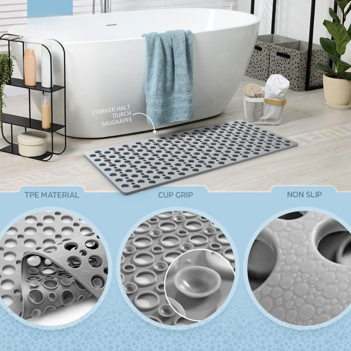 Luxus Anti-Rutsch Badezimmermatte aus grau-schimmelresistentem Material mit Saugnäpfen, rechteckig, pflegeleicht.
