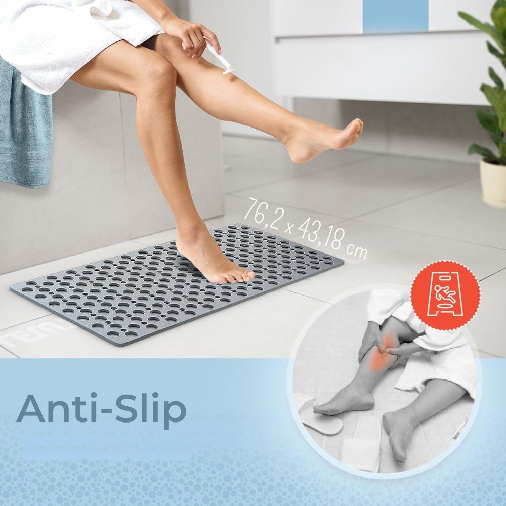 Luxus Anti-Rutsch Badezimmermatte aus grau-schimmelresistentem Material mit Saugnäpfen, rechteckig, pflegeleicht.