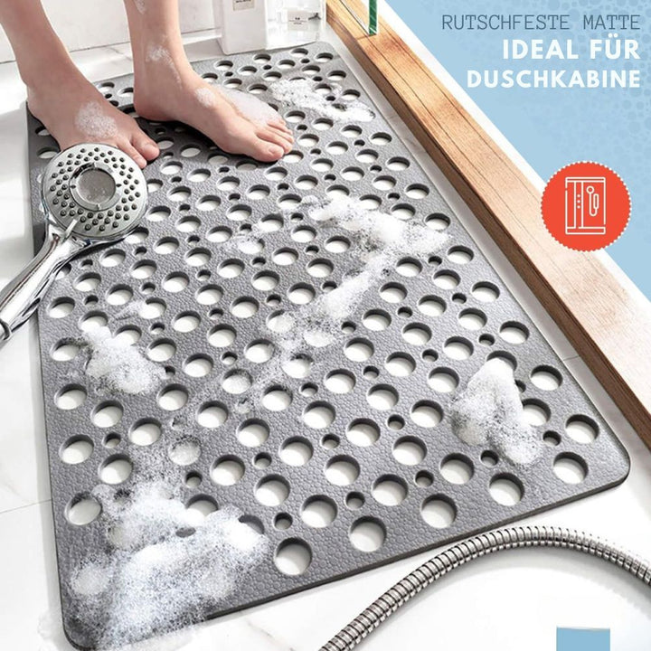 Luxus Anti-Rutsch Badezimmermatte aus grau-schimmelresistentem Material mit Saugnäpfen, rechteckig, pflegeleicht.