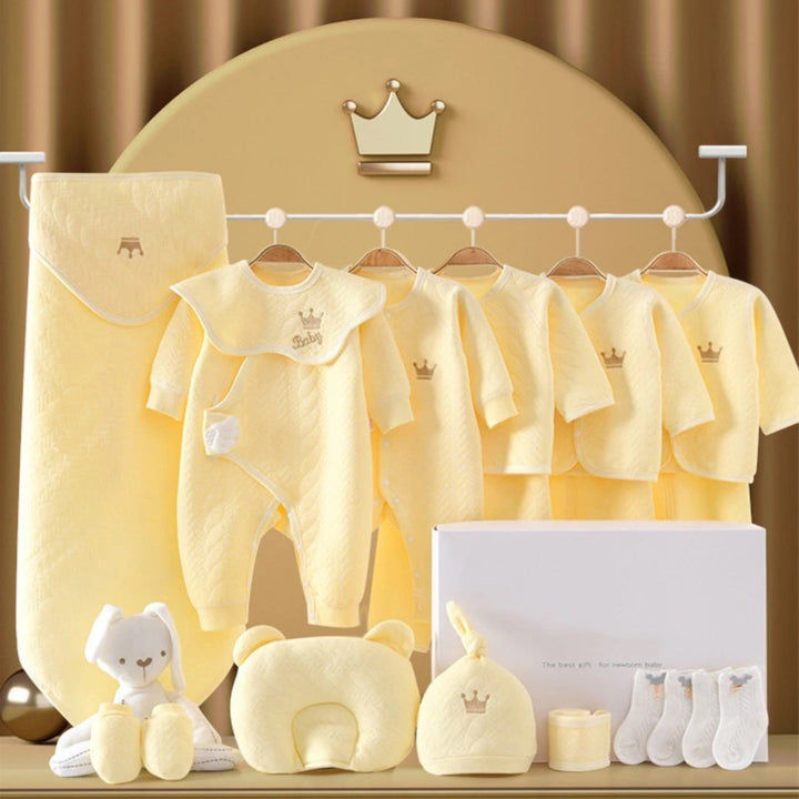 "Luxus Baby Geschenkset: Sanfte Bodys in Blau, Gelb, Rosa, Weiß, kuschelige Decke, niedliche Mützen & Plüschtier."
