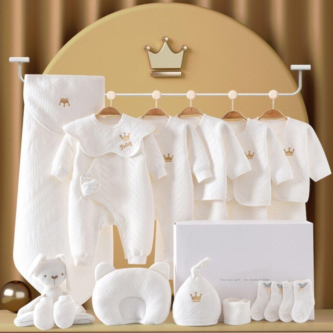 "Luxus Baby Geschenkset: Sanfte Bodys in Blau, Gelb, Rosa, Weiß, kuschelige Decke, niedliche Mützen & Plüschtier."
