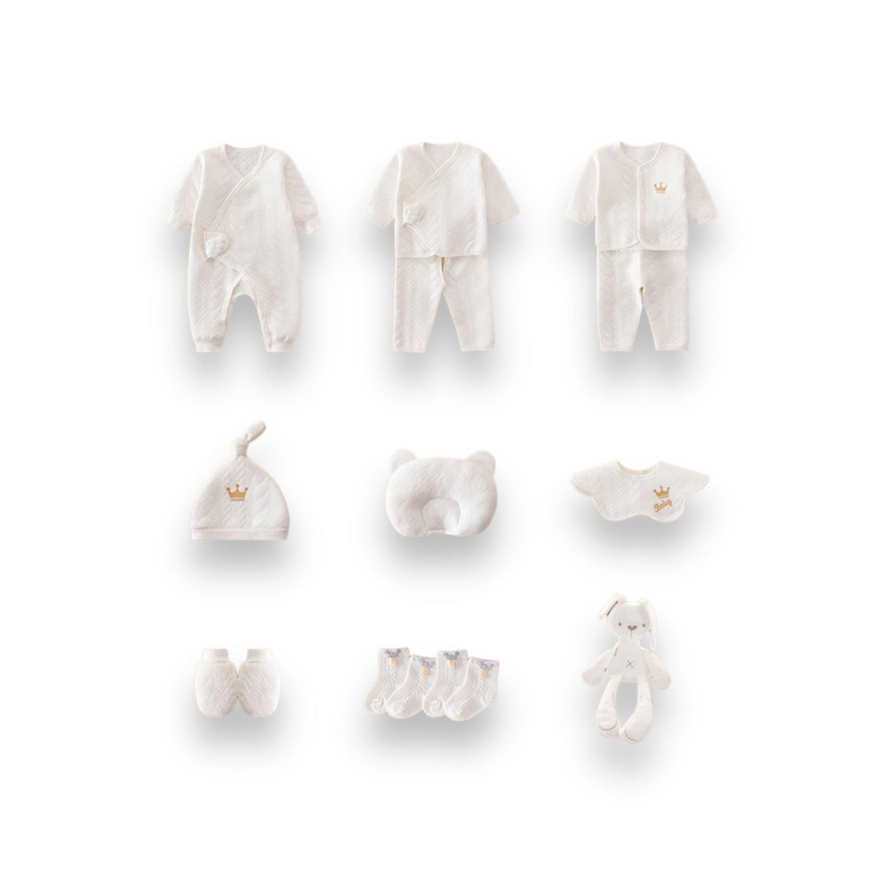 "Luxus Baby Geschenkset: Sanfte Bodys in Blau, Gelb, Rosa, Weiß, kuschelige Decke, niedliche Mützen & Plüschtier."