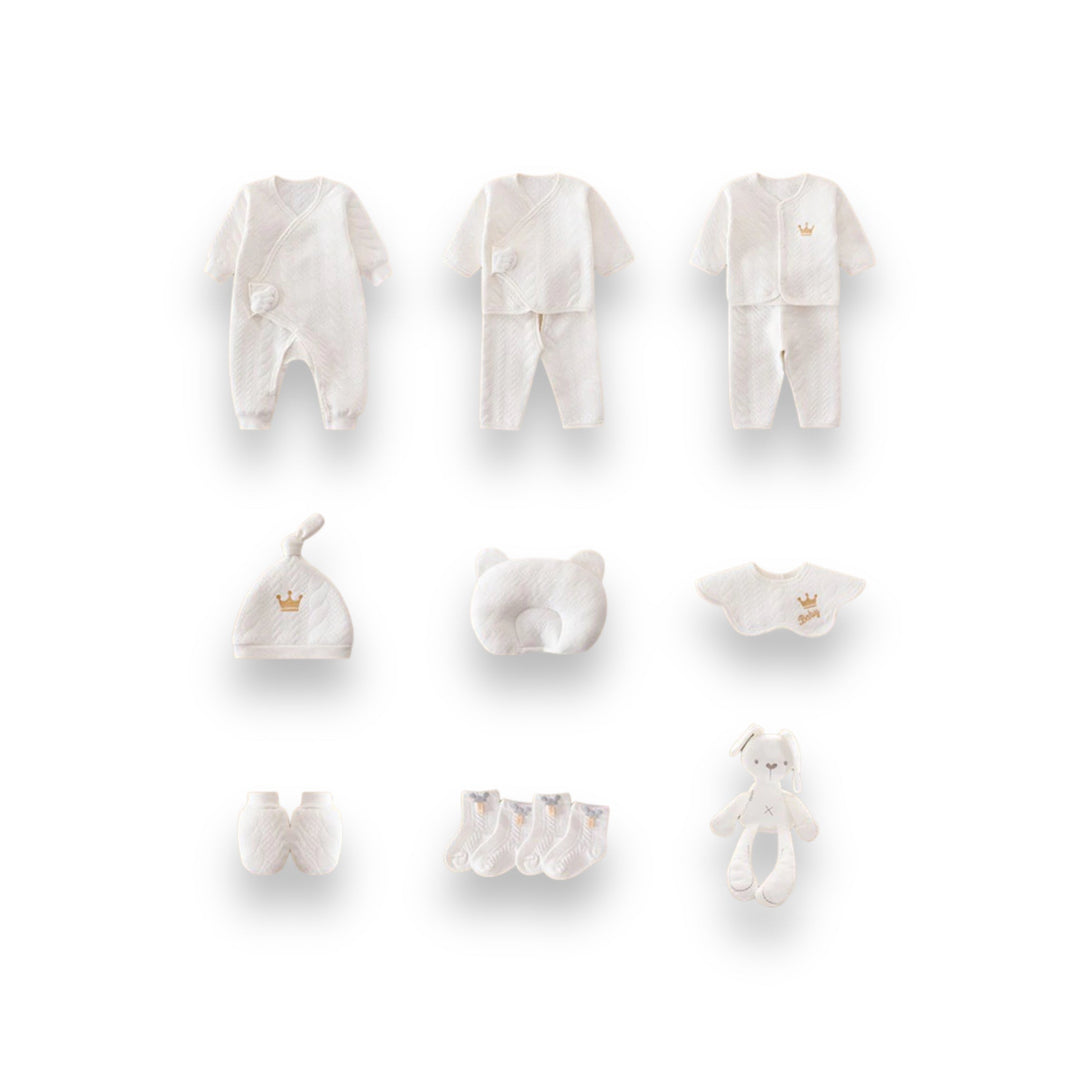 "Luxus Baby Geschenkset: Sanfte Bodys in Blau, Gelb, Rosa, Weiß, kuschelige Decke, niedliche Mützen & Plüschtier."