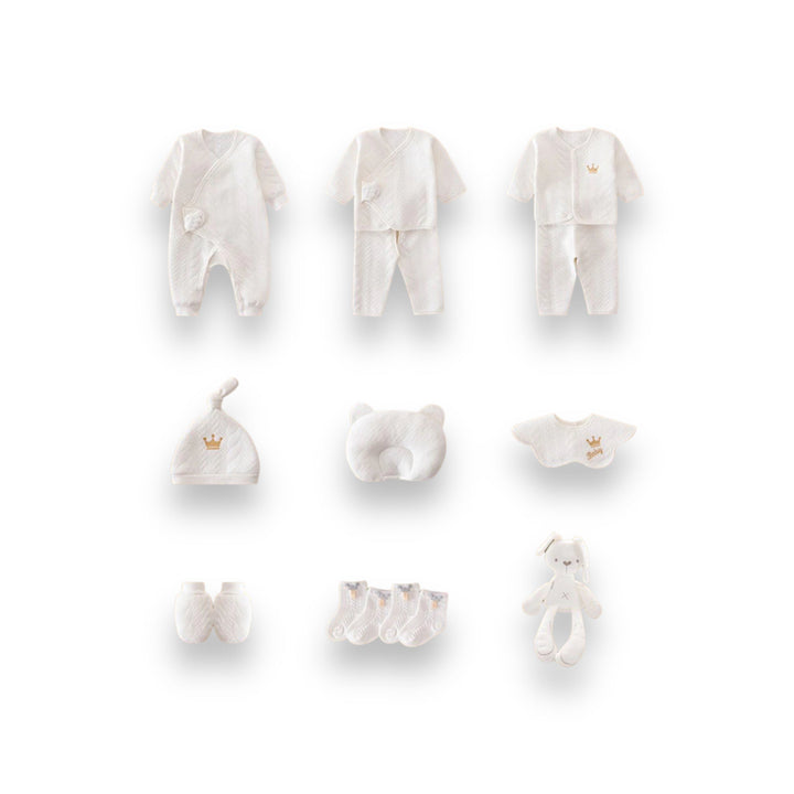 "Luxus Baby Geschenkset: Sanfte Bodys in Blau, Gelb, Rosa, Weiß, kuschelige Decke, niedliche Mützen & Plüschtier."