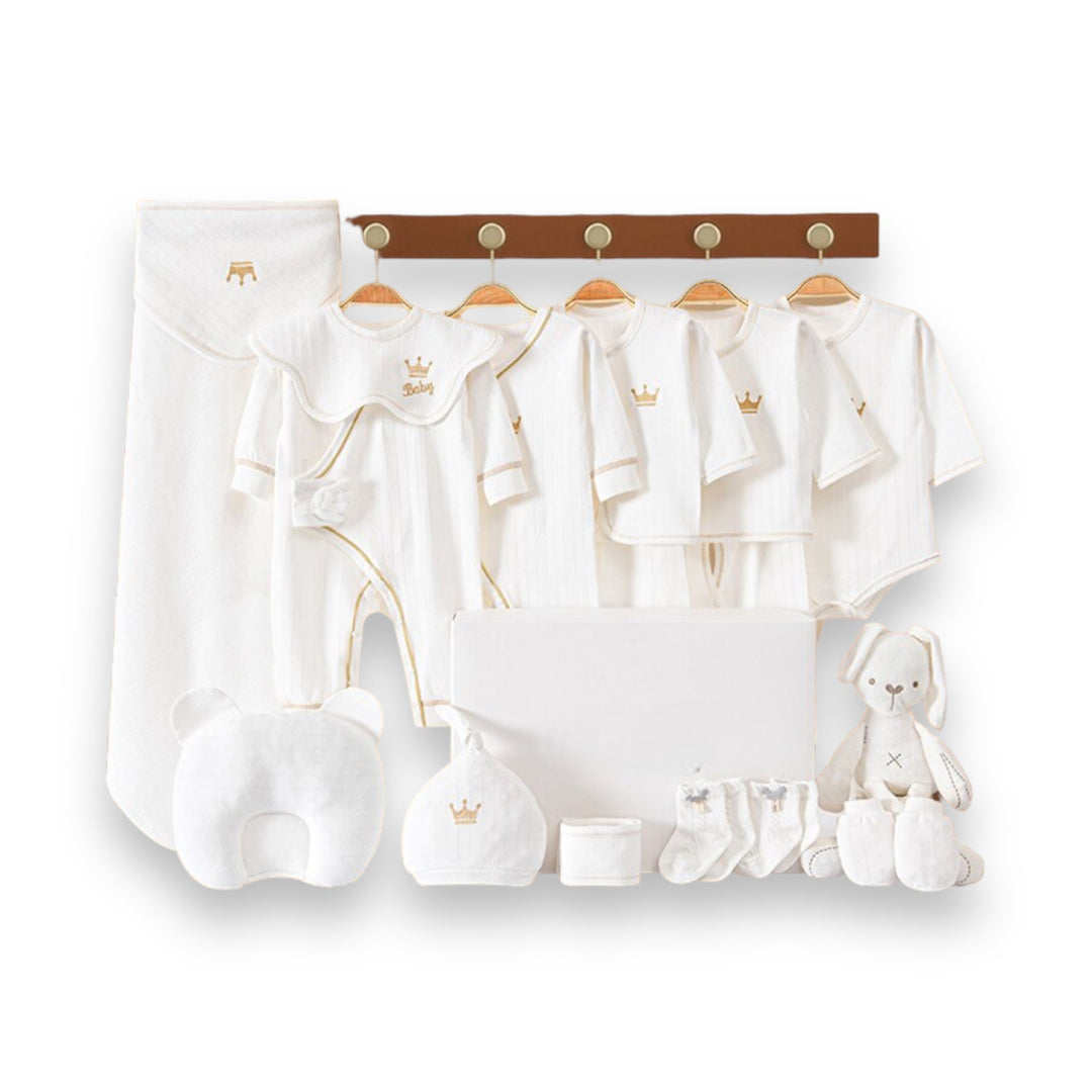 "Luxus Baby Geschenkset: Sanfte Bodys in Blau, Gelb, Rosa, Weiß, kuschelige Decke, niedliche Mützen & Plüschtier."