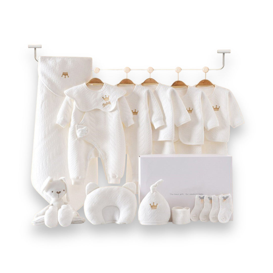 "Luxus Baby Geschenkset: Sanfte Bodys in Blau, Gelb, Rosa, Weiß, kuschelige Decke, niedliche Mützen & Plüschtier."
