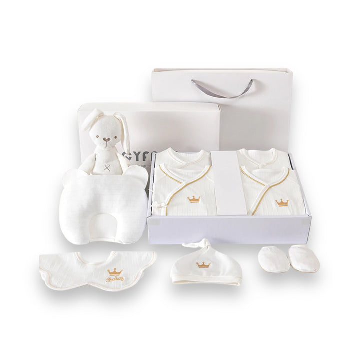 "Luxus Baby Geschenkset: Sanfte Bodys in Blau, Gelb, Rosa, Weiß, kuschelige Decke, niedliche Mützen & Plüschtier."