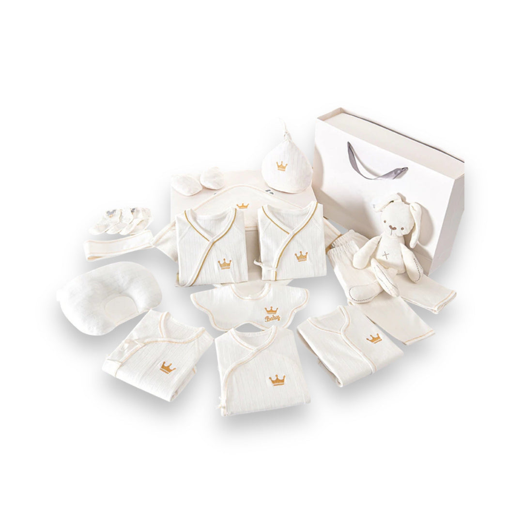 "Luxus Baby Geschenkset: Sanfte Bodys in Blau, Gelb, Rosa, Weiß, kuschelige Decke, niedliche Mützen & Plüschtier."