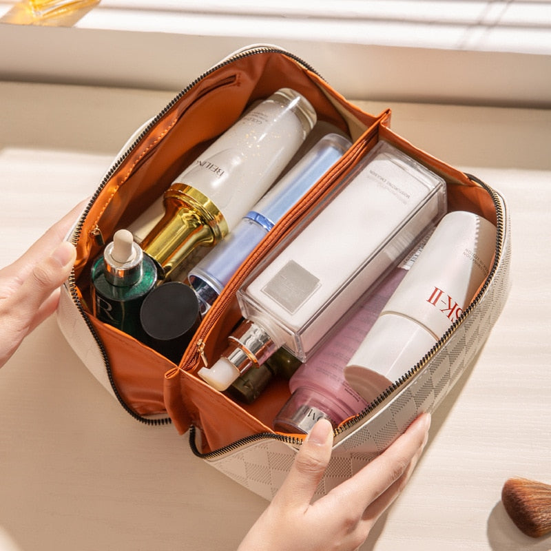 "Luxus Checkered Make-up Kosmetiktasche aus weichem PU-Leder, wasserabweisend, multifach, beige, rosa, braun."