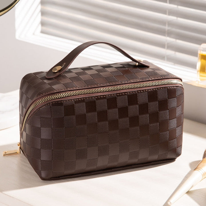 "Luxus Checkered Make-up Kosmetiktasche aus weichem PU-Leder, wasserabweisend, multifach, beige, rosa, braun."