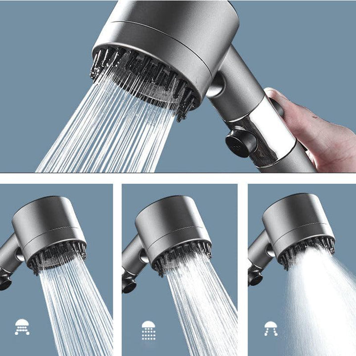 "Luxus Duschkopf mit Jetstream Technologie, verstellbaren Modi, silbernes Design, bietet Spa-Erlebnis im Badezimmer."