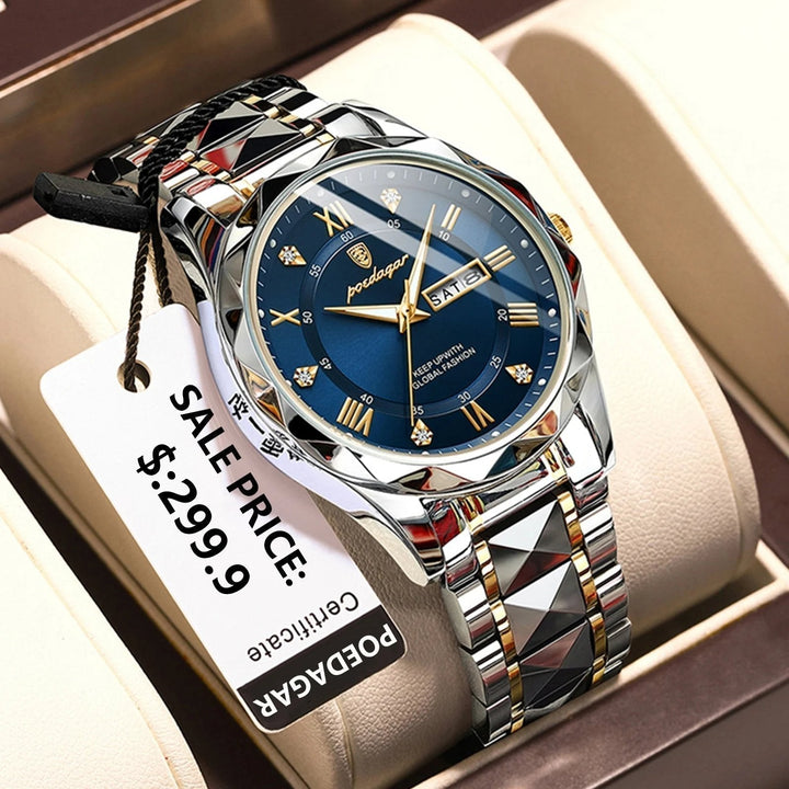 Luxus-Herrenarmbanduhr, wasserdicht mit leuchtendem Zifferblatt und goldener Lünette, ideal für Eleganz und Funktionalität.