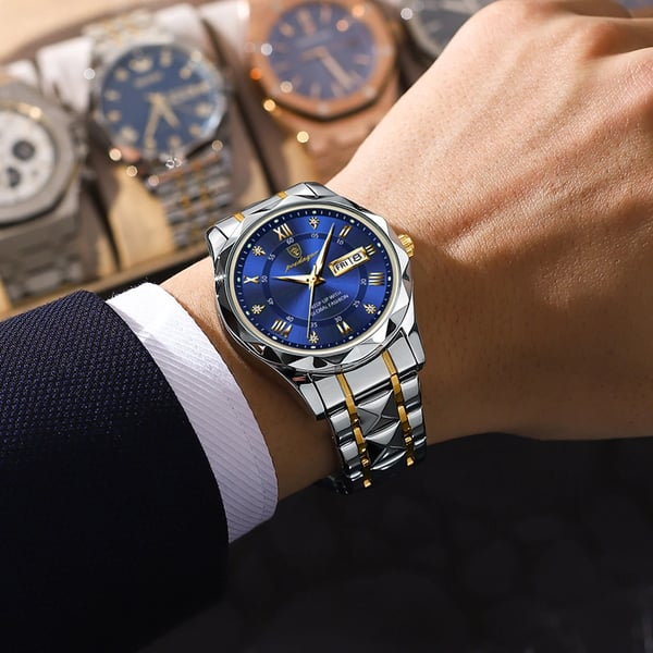 Luxus-Herrenarmbanduhr, wasserdicht mit leuchtendem Zifferblatt und goldener Lünette, ideal für Eleganz und Funktionalität.