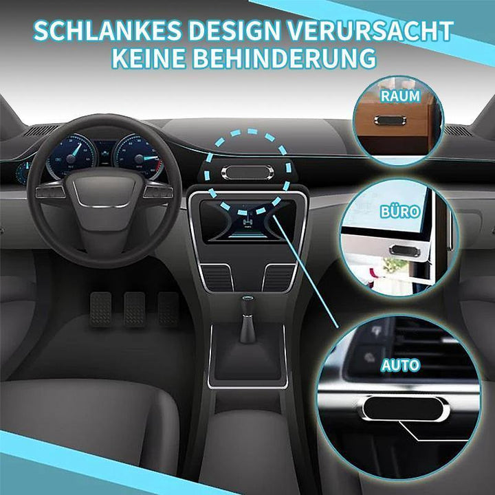 "Magnetische Telefonhalterung im Auto, kompakt mit 6 Magneten, an Armaturenbrett angebracht, montagefrei und sicher."