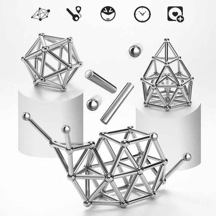 "Magnetisches Set aus silbernen Stäben und Kugeln, perfekt für kreative DIY-Projekte, auf hellem Hintergrund"