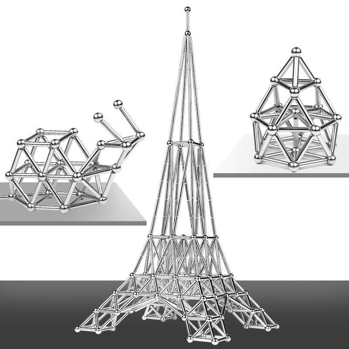 "Magnetisches Set aus silbernen Stäben und Kugeln, perfekt für kreative DIY-Projekte, auf hellem Hintergrund"