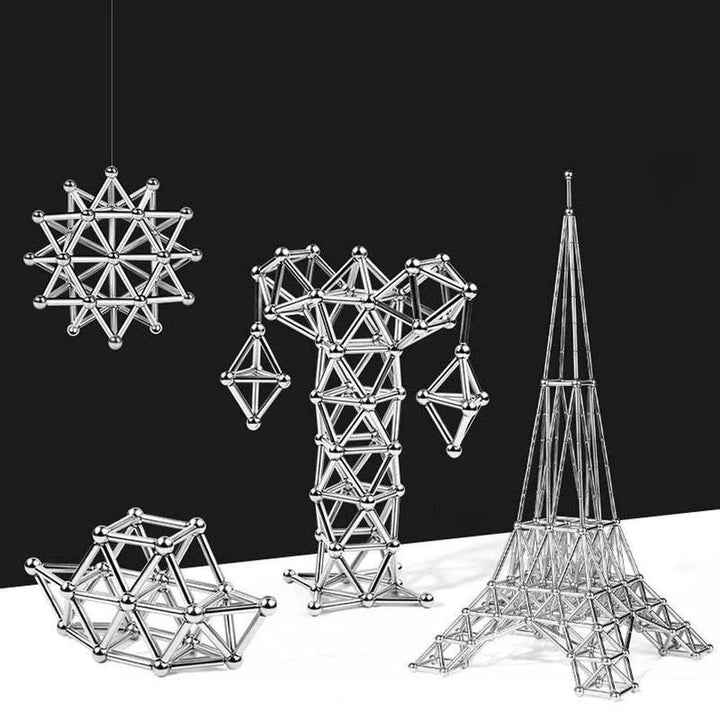 "Magnetisches Set aus silbernen Stäben und Kugeln, perfekt für kreative DIY-Projekte, auf hellem Hintergrund"