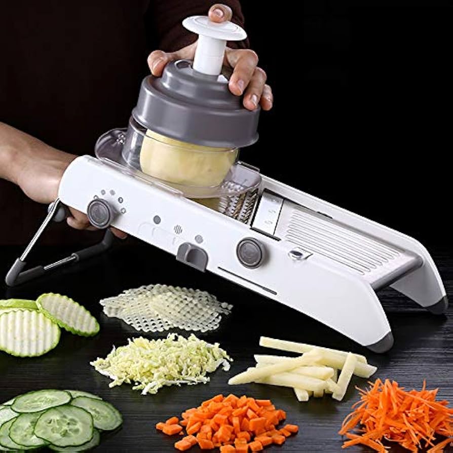 "Mandoline Gemüseschneider mit verstellbaren Edelstahlklingen, ideal für präzises Schneiden von Gemüse in unterschiedlichen S